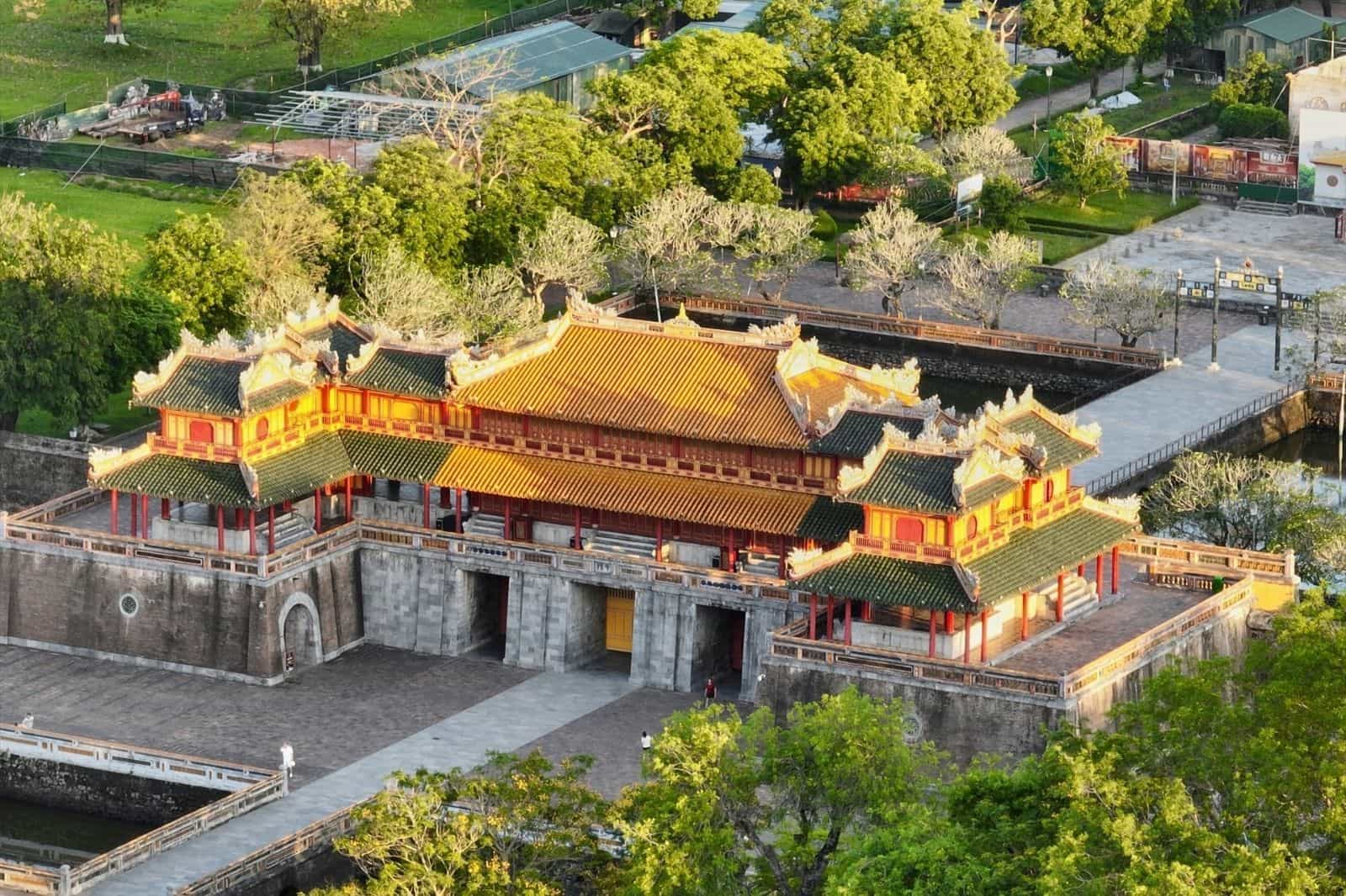 The Ngo Mon gate of Hue's Imperial City seen from above in low sun