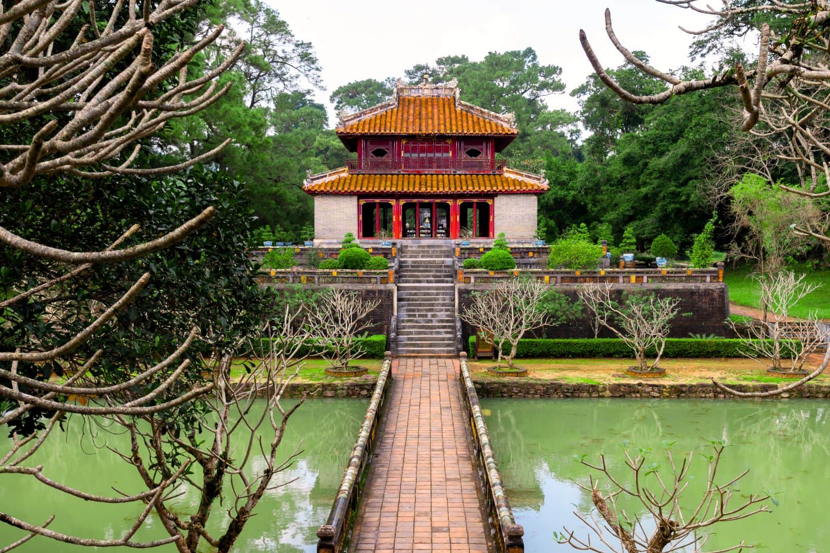 Stone courtyard and pavilion at a royal tomb in Hue