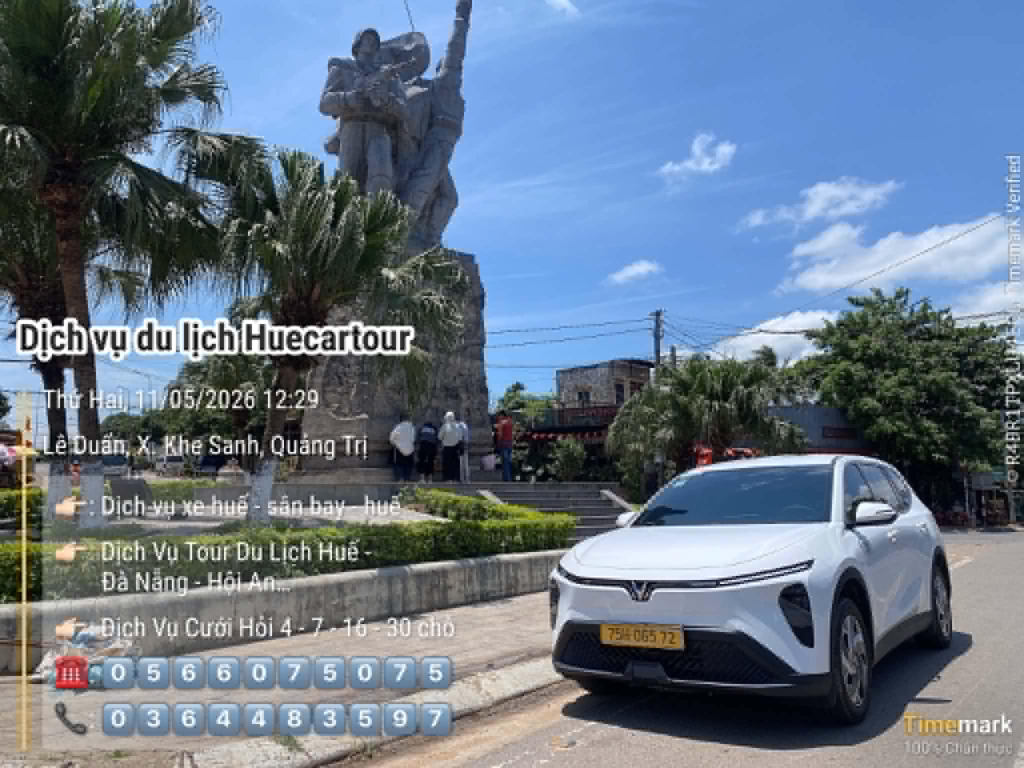 The car beside the victory monument in Khe Sanh, Quang Tri