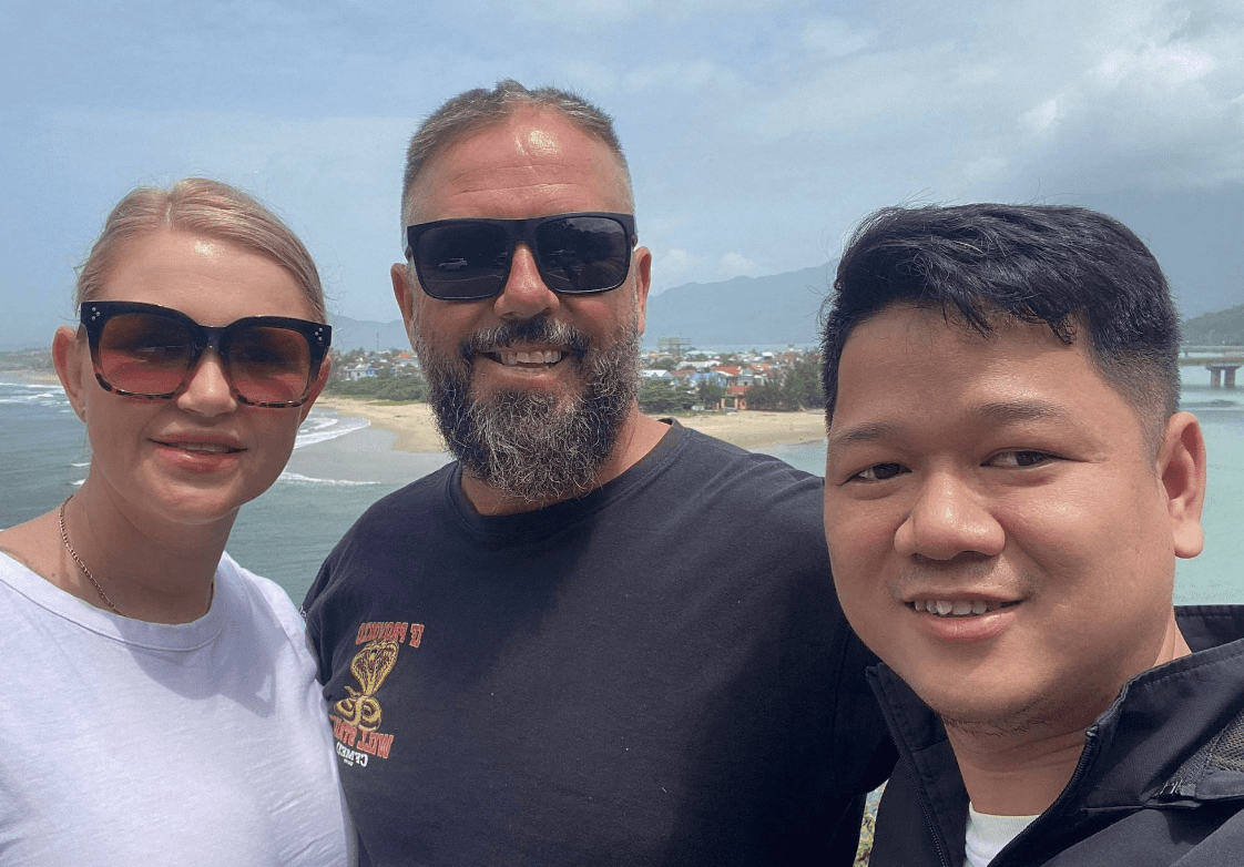 Thời with guests on the coast road near the Hai Van Pass